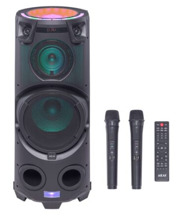 Akai Party Speaker 500 Φορητό ηχείο με ρόδες, Bluetooth, USB, FM, AUX, TWS, LED, Micro SD, EQ, 2 είσοδοι μικροφώνου και κιθάρας, 2 ασύρματα μικρόφωνα και τηλεχειριστήριο – 120W - 110582-0135
